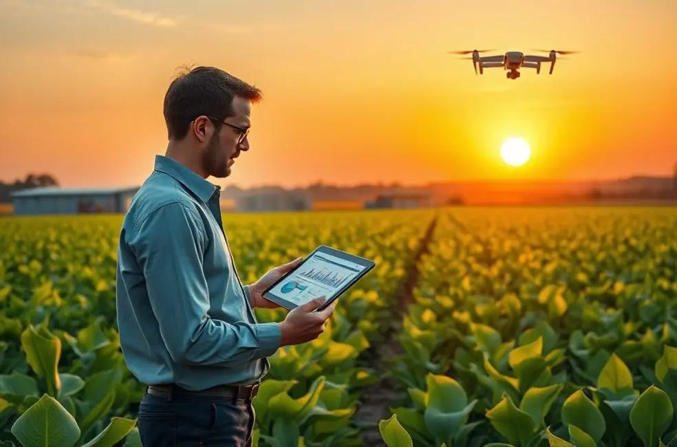 Ilustração de gestor no campo com materiais de marca e equipamentos agritechs ao redor, representando posicionamento estratégico.