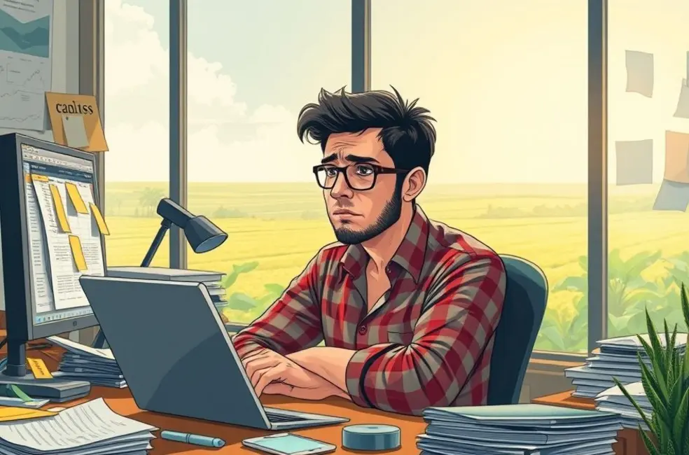 Ilustração de gestor de marketing agro segurando tablet, com escritório rural ao fundo, simbolizando delegação de tarefas.