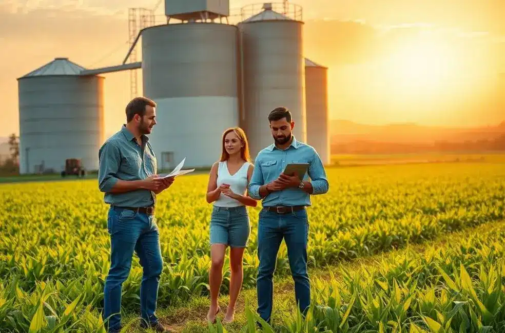 Ilustração de equipes de marketing e campo do agro reunidas em volta de um quadro com um grito de guerra.