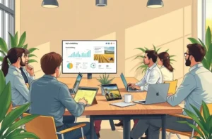 Ilustração de profissionais do agro celebrando o sucesso de um piloto de inteligência artificial.