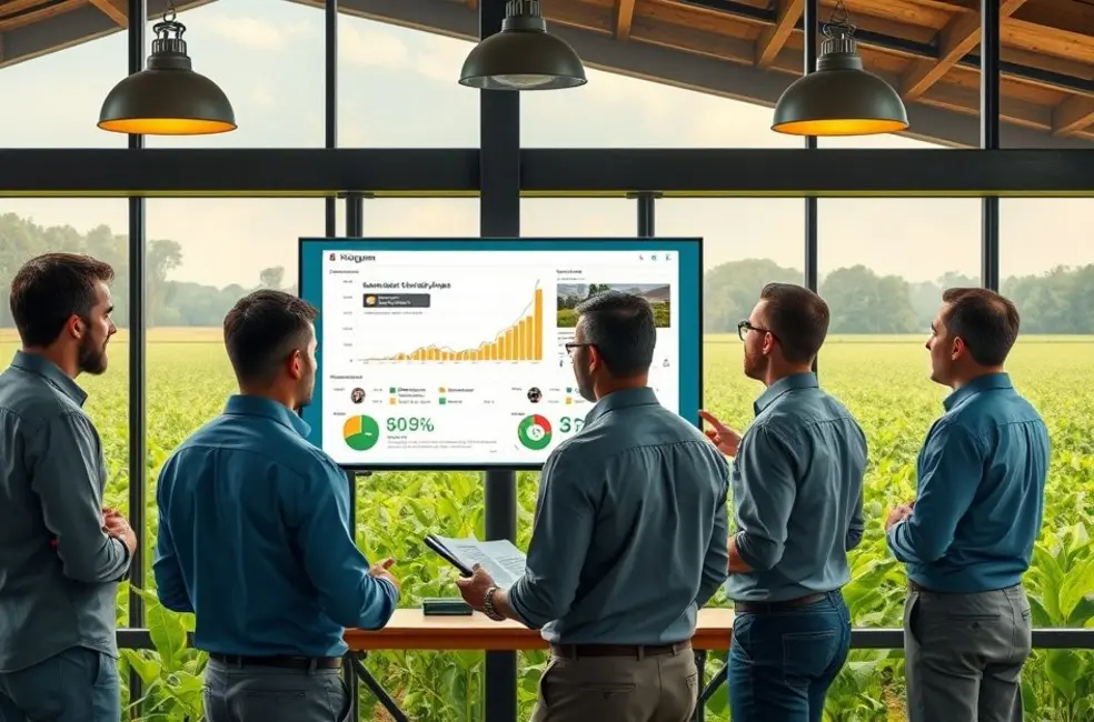 Ilustração mostrando um smartphone com métricas do Instagram e elementos agrícolas ao redor, simbolizando o potencial do canal para o setor agro.