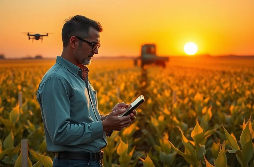 Ilustração de analista de marketing e gestor rural em campo analisando um post de sucesso em tablet.