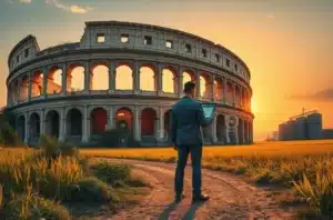 Ilustração mostrando equipe de marketing e agricultores em diálogo, integrando elementos históricos e modernos para simbolizar perda de virtude.