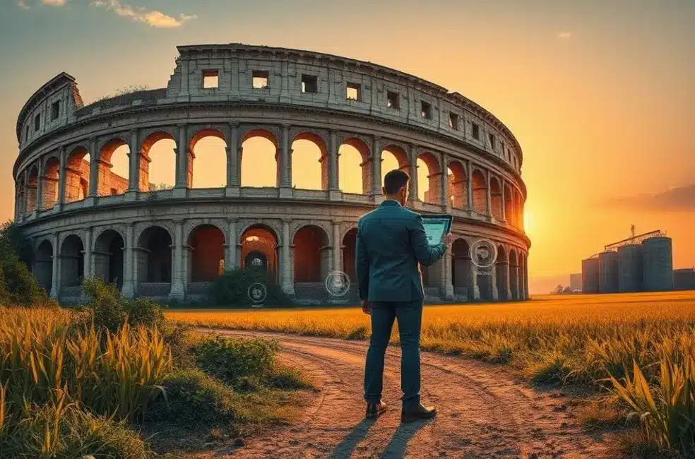 Ilustração mostrando equipe de marketing e agricultores em diálogo, integrando elementos históricos e modernos para simbolizar perda de virtude.