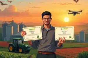Capa mostrando um profissional do agro segurando dois certificados de marketing e branding, em ambiente de escritório com elementos rurais.