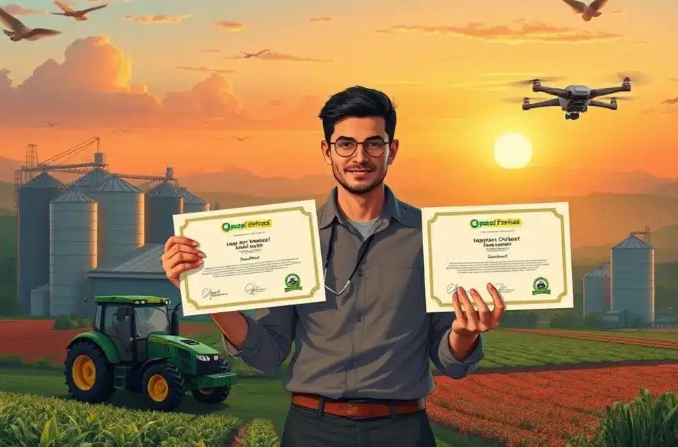 Capa mostrando um profissional do agro segurando dois certificados de marketing e branding, em ambiente de escritório com elementos rurais.