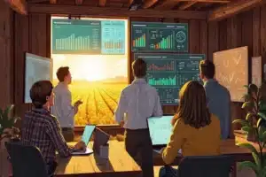 Ilustração representando os 10 mandamentos do conteúdo de qualidade aplicada ao marketing agro com equipe colaborando.