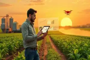 Ilustração de gestor de marketing agro apontando calendário com indicadores e material agrícola ao redor.