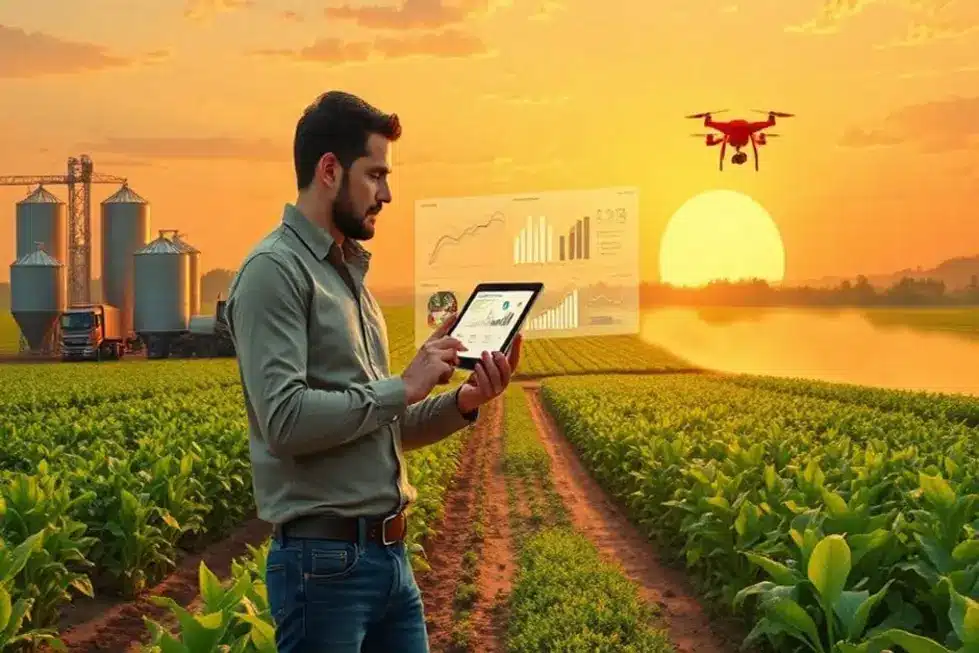 Ilustração de gestor de marketing agro apontando calendário com indicadores e material agrícola ao redor.