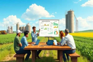 Equipe de agromarketing reunida ao redor de um playbook impresso sobre treinamento e desenvolvimento.