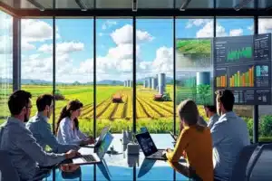 Ilustração de profissionais do agro analisando resumos e sugestões geradas por IA em um navegador