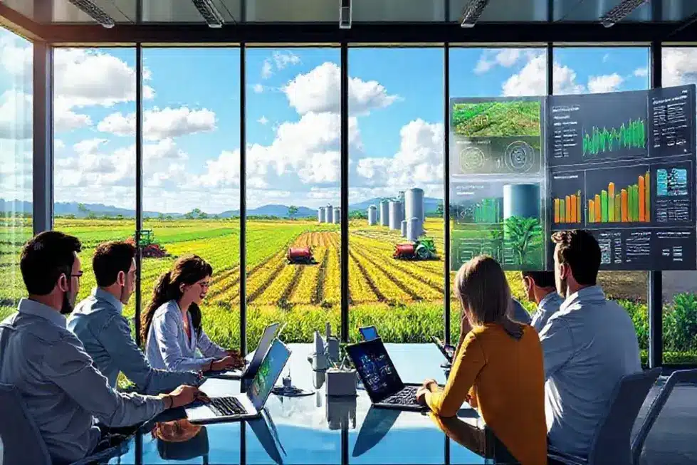 Ilustração de profissionais do agro analisando resumos e sugestões geradas por IA em um navegador