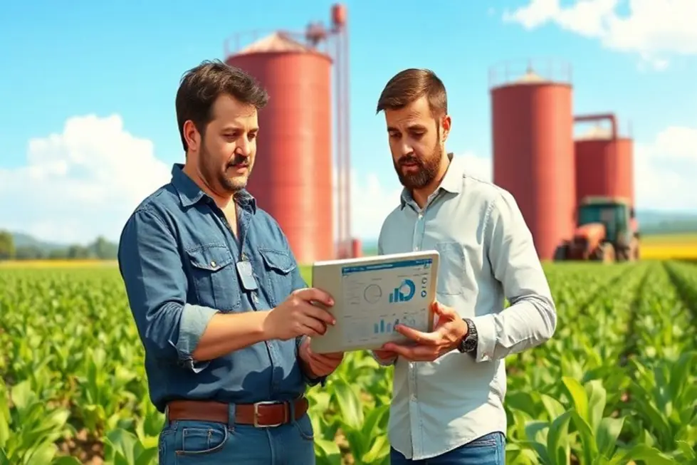 Profissional de marketing em escritório com gráficos e tela mostrando métricas do Instagram, com maquinário agrícola ao fundo.