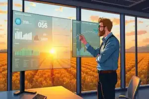 Gestor de marketing rural observando a paisagem e segurando um tablet com diagramas, simbolizando preparação durante a calmaria.