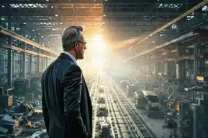 Ilustração mostrando um executivo com gráficos e elementos do agronegócio simbolizando lições estratégicas e riscos.