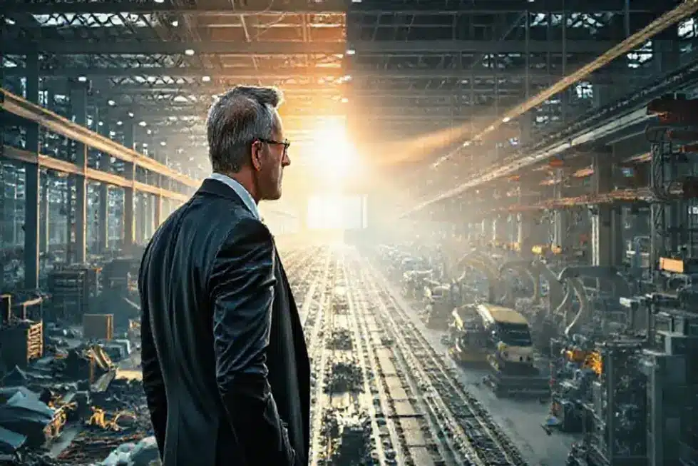 Ilustração mostrando um executivo com gráficos e elementos do agronegócio simbolizando lições estratégicas e riscos.