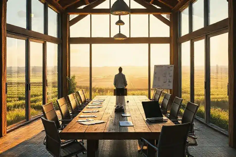 Ilustração de um CEO conversando com equipe de marketing agro em escritório com vista para campos