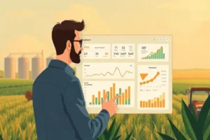 Ilustração de equipe de marketing no agro celebrando resultado de campanha Comente Ads com gráficos ascendentes.