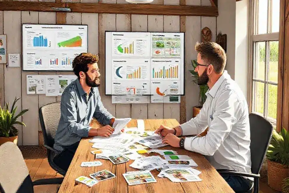 Ilustração de profissionais do agronegócio reunidos planejando conteúdo estratégico para gerar conexão e vendas.