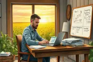 Ilustração de uma muda brotando no solo com profissionais do agro observando ao fundo.