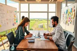 Ilustração de profissionais de agromarketing reunidos, discutindo estratégias com paisagem rural ao fundo.