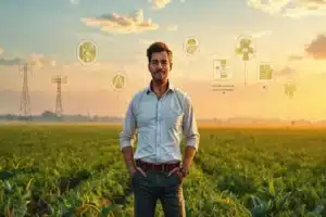 Embaixador em campo com tablet mostrando indicadores de experiência do cliente.