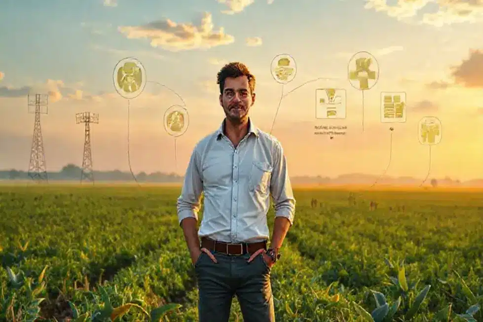 Embaixador em campo com tablet mostrando indicadores de experiência do cliente.