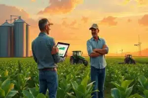 Ilustração de dono e equipe reunidos em torno de um roadmap de 90 dias, com vista para a lavoura.