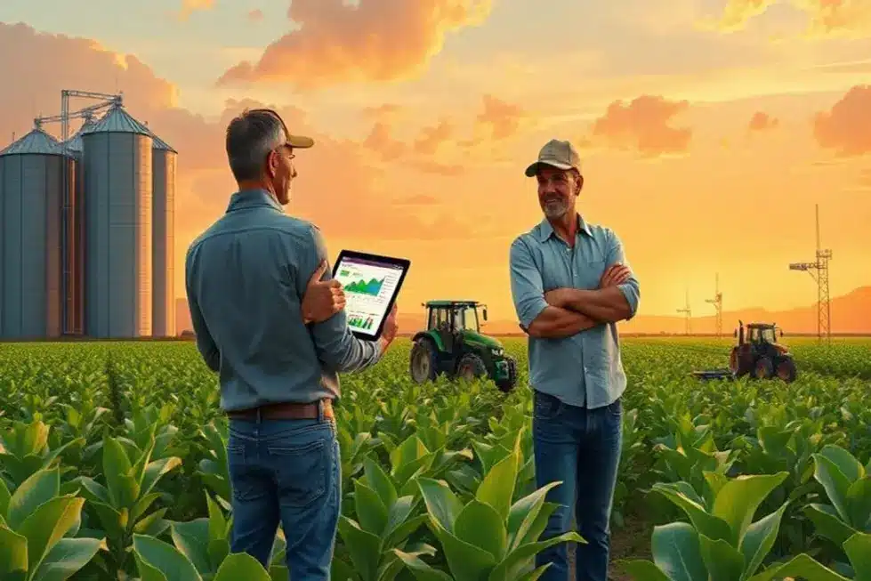 Ilustração de dono e equipe reunidos em torno de um roadmap de 90 dias, com vista para a lavoura.