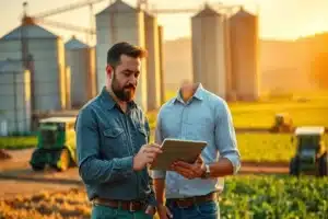 Ilustração mostrando equipe de agromarketing planejando ações com um calendário indicando 63 dias restantes.