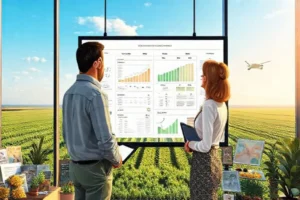 Equipe de marketing agro reunida ao redor de um dashboard ilustrado que mostra segmentos, ofertas e calendário anual.