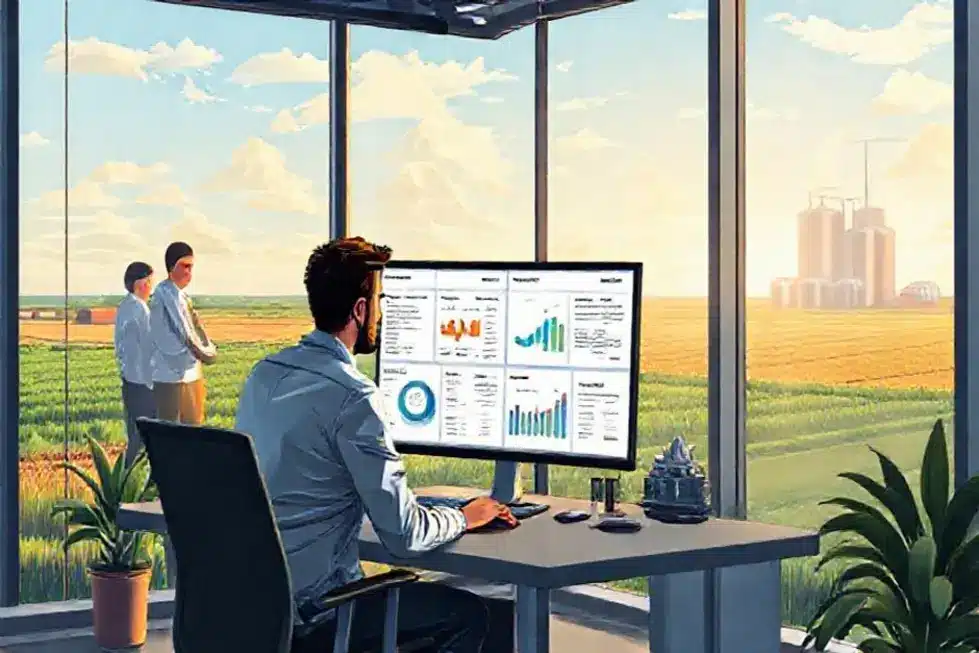 Ilustração de gestor de mídia paga segurando relatórios em escritório com maquinário agrícola ao fundo.