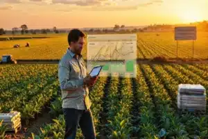 Equipe de marketing agro reunida analisando modelos de atribuição sobre uma mesa com amostras agrícolas.