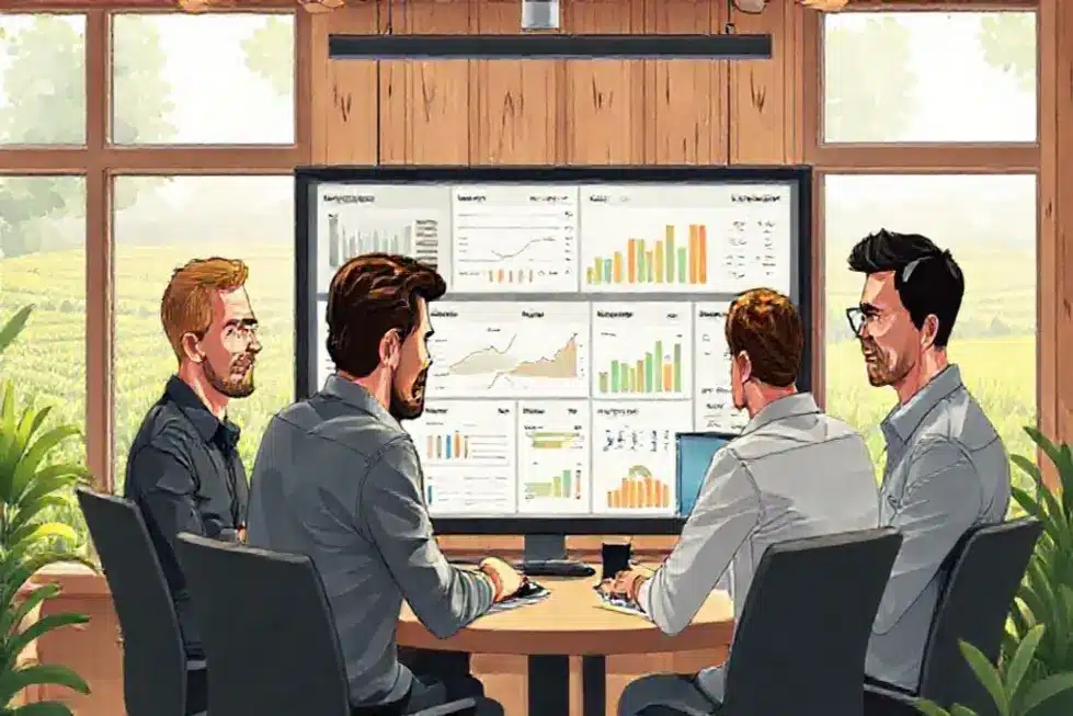 Ilustração de equipe de marketing agro reunida com elementos visuais de processos organizados e dashboards.