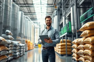 Gestor segurando diagrama da metodologia com paisagem agrícola ao fundo, ilustração conceitual.