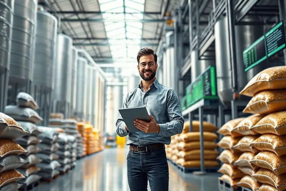 Gestor segurando diagrama da metodologia com paisagem agrícola ao fundo, ilustração conceitual.