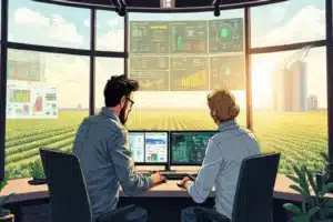 Consultor em reunião apresentando gráfico de crescimento para equipe, com paisagem agrícola ao fundo.