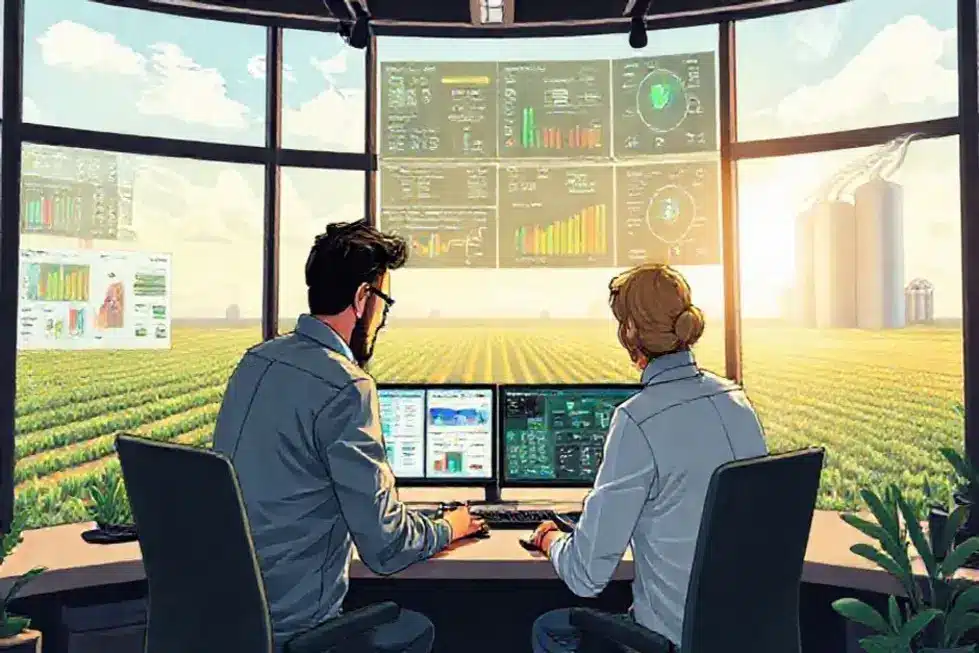 Consultor em reunião apresentando gráfico de crescimento para equipe, com paisagem agrícola ao fundo.