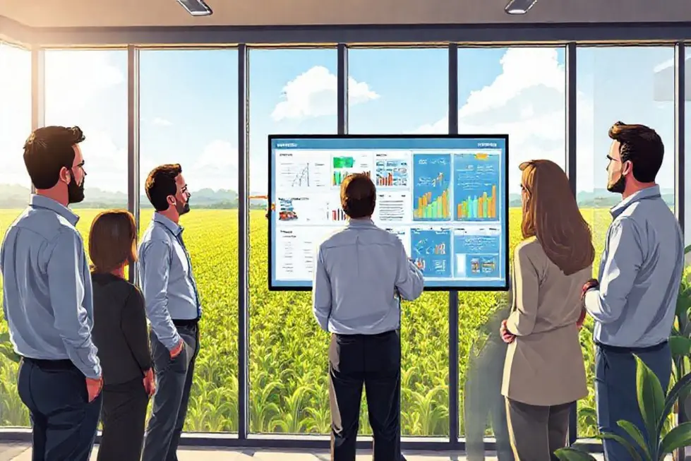 Gestor de marketing agro olhando relatórios de posts patrocinados em um laptop com vista para a lavoura.