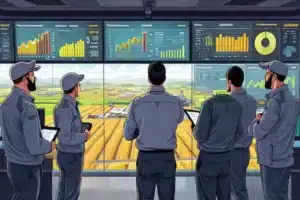 Profissional de agromarketing diante de painel que reúne vendas, atendimento, preço e qualidade.