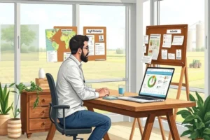 Imagem ilustrativa de um analista de marketing do agro revisando audiências customizadas com dashboards e dados do campo.