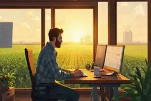 Ilustração do The Rock treinando ao amanhecer em ambiente que remete ao campo e ao marketing agrícola, com névoa e silhuetas de maquinário.