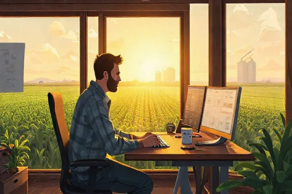 Ilustração do The Rock treinando ao amanhecer em ambiente que remete ao campo e ao marketing agrícola, com névoa e silhuetas de maquinário.