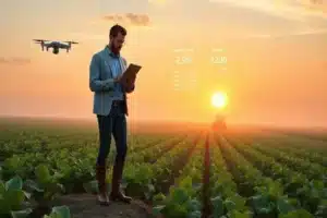 Equipe de vendas do agro reunida em campo, analisando métricas e materiais técnicos, estilo ilustração.