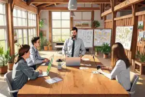 Gestor e analista revisando documentos com vista para campos agrícolas