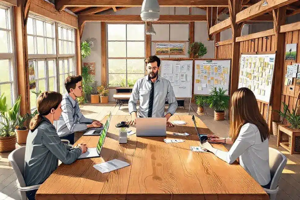 Gestor e analista revisando documentos com vista para campos agrícolas