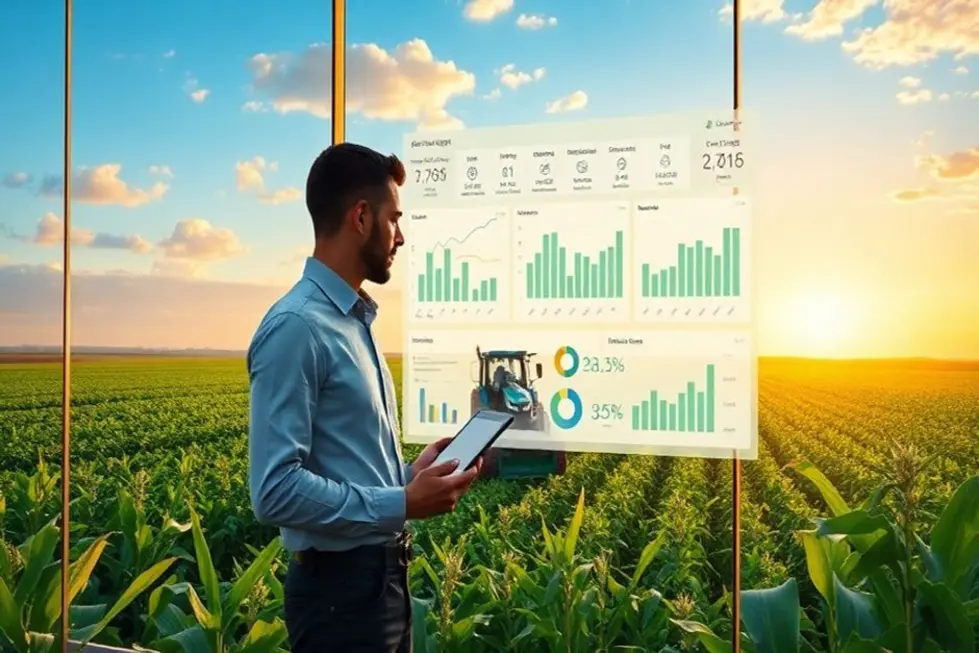 Ilustração de profissionais do agro discutindo resultados de campanha e field trials, simbolizando os ensinamentos de Ogilvy.