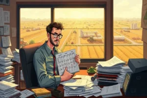 Ilustração de equipe de marketing do agro passando de tarefas caóticas para planejamento estratégico com roadmap e indicadores.