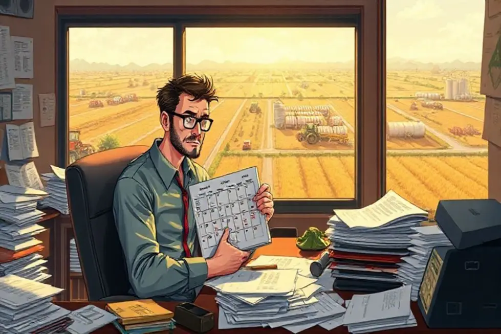 Ilustração de equipe de marketing do agro passando de tarefas caóticas para planejamento estratégico com roadmap e indicadores.