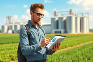 Ilustração mostrando uma figura inspirada em Tom Brady analisando um playbook digital com campos agrícolas ao fundo, simbolizando estratégia e resiliência.